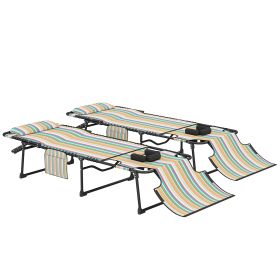 2 Piece Folding Chaise Lounge Pool Chairs with 5-level Reclining Back, Reading Hole, Side Pocket, Rainbow Striped