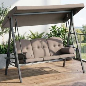3-Seat Outdoor Patio Swing Chair Porch Glider with Adjustable Canopy Removable Cushion Pillows Side Trays for Garden Poolside Backyard Brown