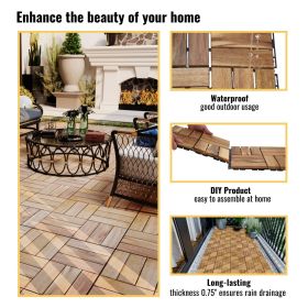 10 PCS Interlocking Deck Tiles Checker Pattern, 12" x 12" Square Yellow Acacia Hardwood Outdoor Flooring for Patio, Bancony, Pool Side